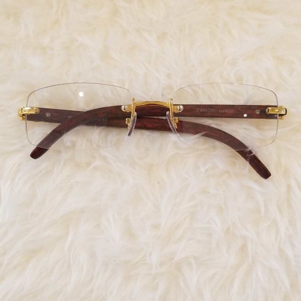 Clear frame glasses.